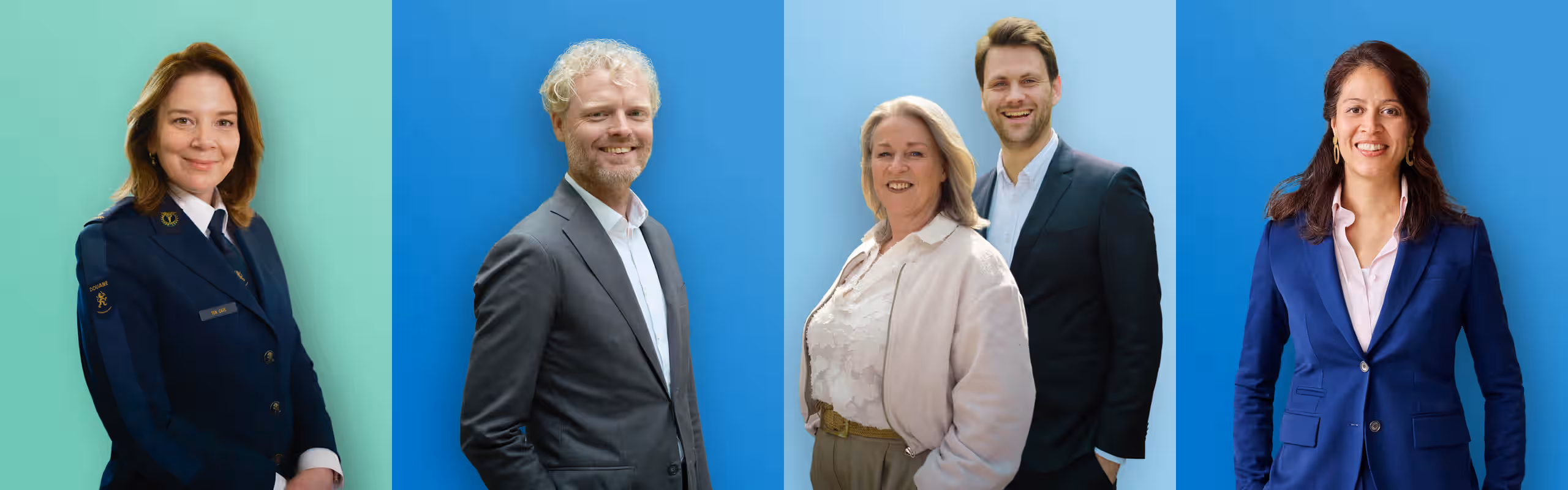Afbeelding van de vijf deelnemers aan het interview die naast elkaar staan tegen gekleurde achtergronden. De personen dragen nette kleding, waaronder een uniform en zakelijke pakken.