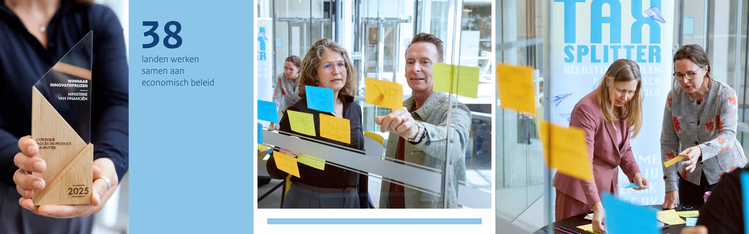 Een collage van drie foto’s. Op de linkerfoto heeft een vrouw een award in haar handen. De award bestaat uit twee houten driehoeken op elkaar gestapeld met daarop een glazen driehoek. Op de award staat de tekst: Winnaar innovatieprijzen ministerie van Financien, categorie proces en product: tax splitter, 2025. Rechts van de foto staat een blauw vlak met de tekst “38 landen werken samen aan economisch beleid”. Op de twee foto’s rechts van het blauwe vlak werken collega’s uit het team samen in een brainstormsessie met post-its.